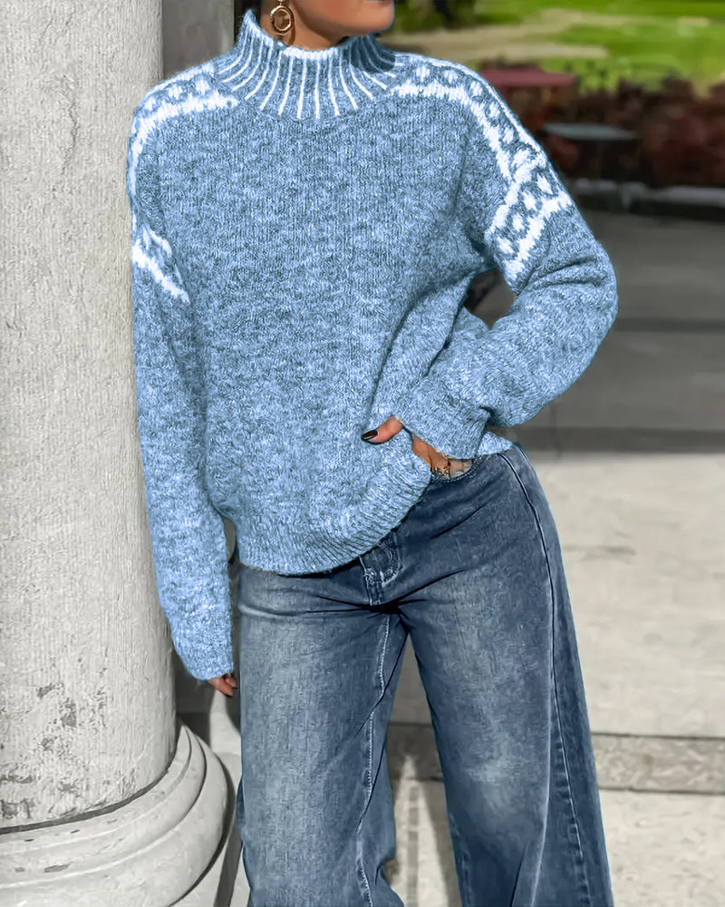 VALEN PARIS™|Pull Col Montant Imprimé Contrasté