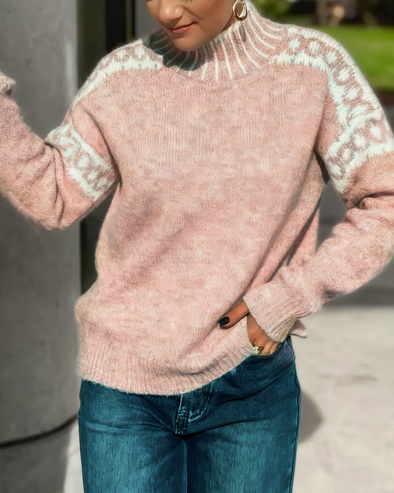 VALEN PARIS™|Pull Col Montant Imprimé Contrasté